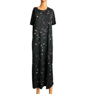 Floral Maxi Dress Black Casual Short Sleeve Cottagecore Women's